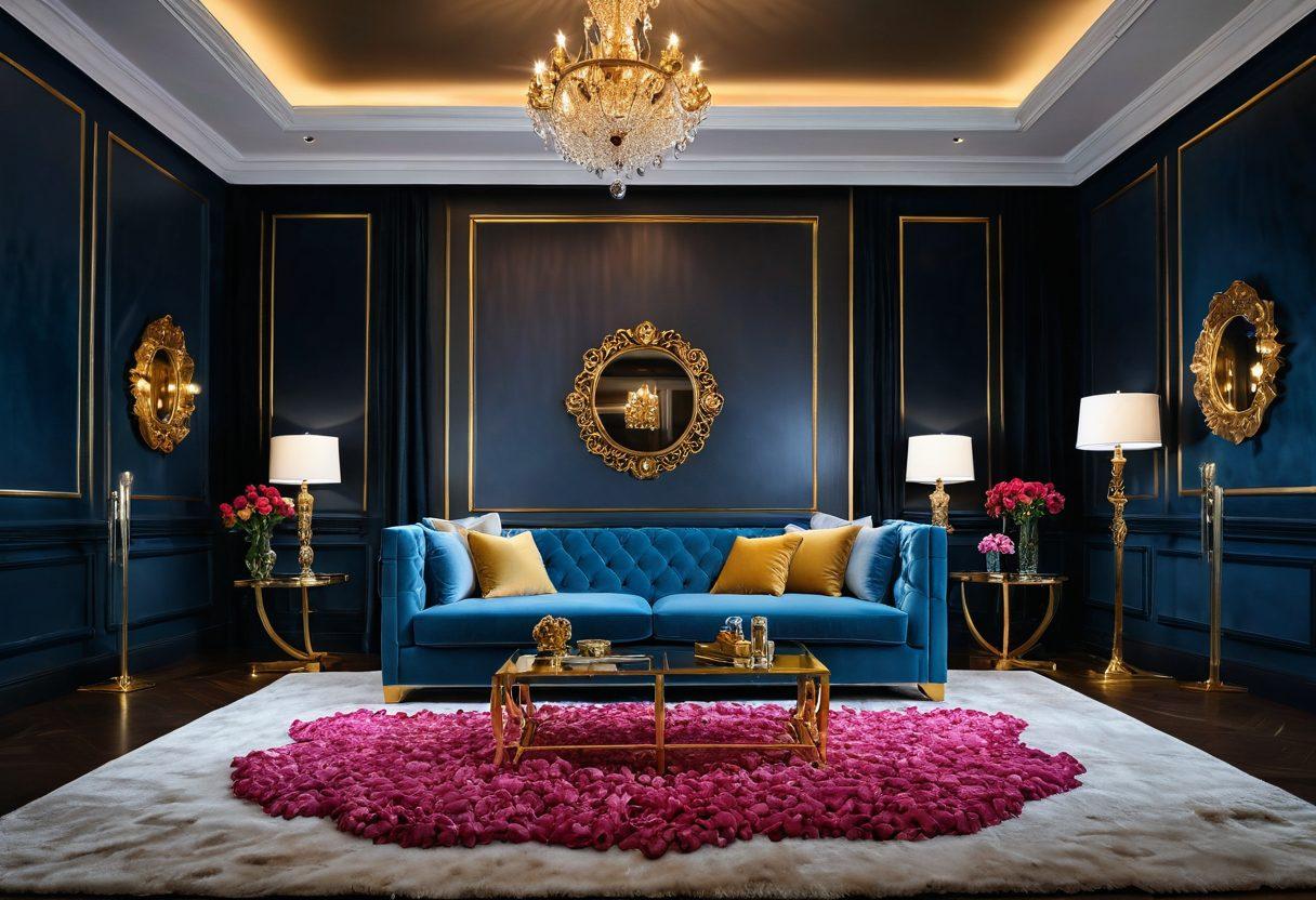 A luxurious setting with a lavish velvet couch, surrounded by soft blue and gold ambient lighting. An elegant remote control lies on a plush rug, while a large screen displays enticing adult clips in tasteful artistic frames. Scattered rose petals enhance the romantic atmosphere, signifying luxury and sensuality. The scene should evoke indulgence and satisfaction without being explicit. super-realistic. vibrant colors. intimate lighting.