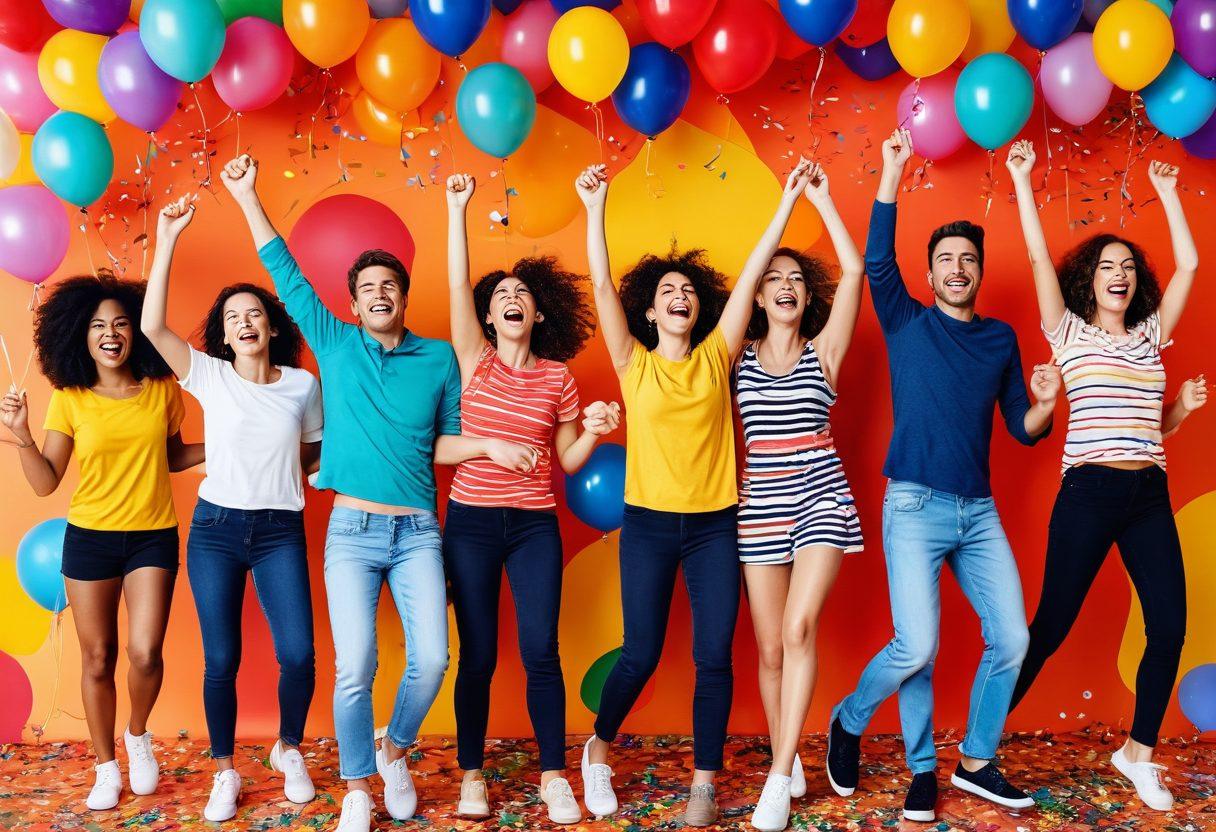 A lively and colorful collage showcasing joyful adults engaging in fun activities like dancing, laughing, and enjoying life together. The background features bright, cheerful colors and abstract shapes to evoke happiness and positivity. Include elements like balloons, confetti, and playful icons that symbolize pleasure and joy. Capture a sense of movement and celebration throughout the image. vibrant colors. playful style.