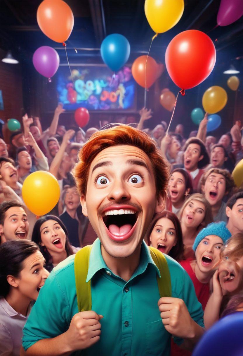 A whimsical scene of a vibrant comedy club with a spotlight on a stand-up comedian, surrounded by laughing adults enjoying hilarious adult-themed skits. Balloons shaped like various playful objects float around, enhancing the cheerful atmosphere. In the background, a large screen displays funny moments from various adult videos, creating a lively and inviting ambiance. Bright colors and exaggerated expressions on the audience's faces capture the essence of joy and laughter. cartoon style. vibrant colors. energetic composition.